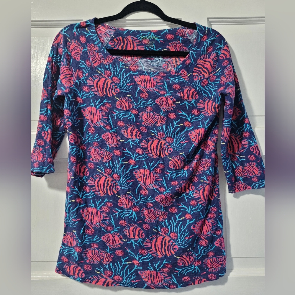 Lilly Pulitzer Jammin Fish 3/4 Sleeve, Top, 100% Cotton Multicolor,  Size Medium
